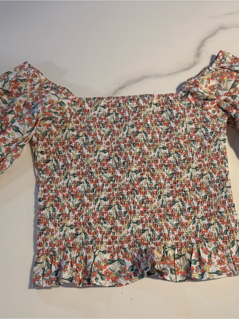 easel Floral Smocked Off-Shoulder Top - White/Red/Green